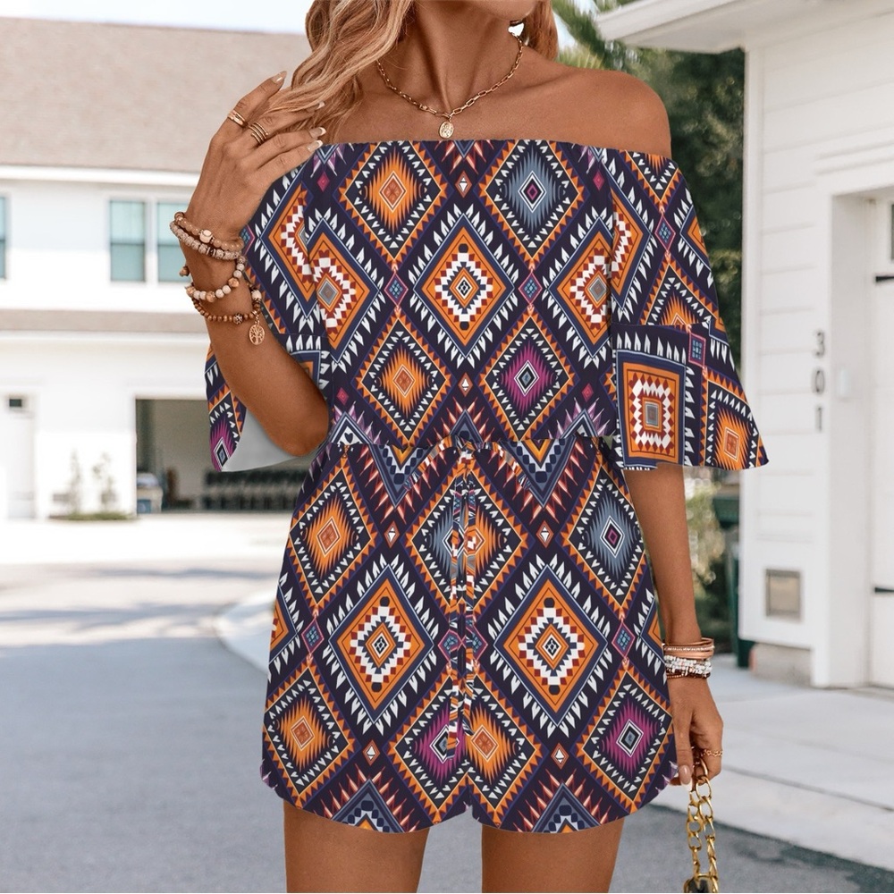 Off Shoulder Knot Front Pocket Romper Aztec Pattern